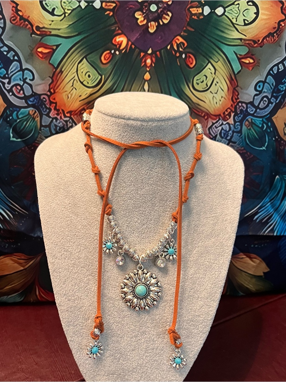 Bohemian Suede Corded “Desert Moon” Sunflower Handmade Necklace - Picture 7 of 8